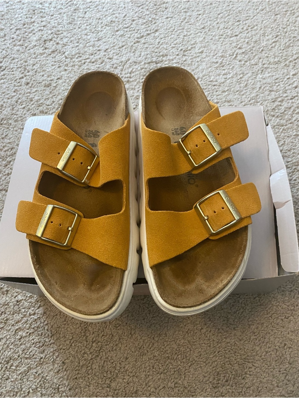Birkenstock Mustard Yellow Double-Buckle Suede Slide Sandals